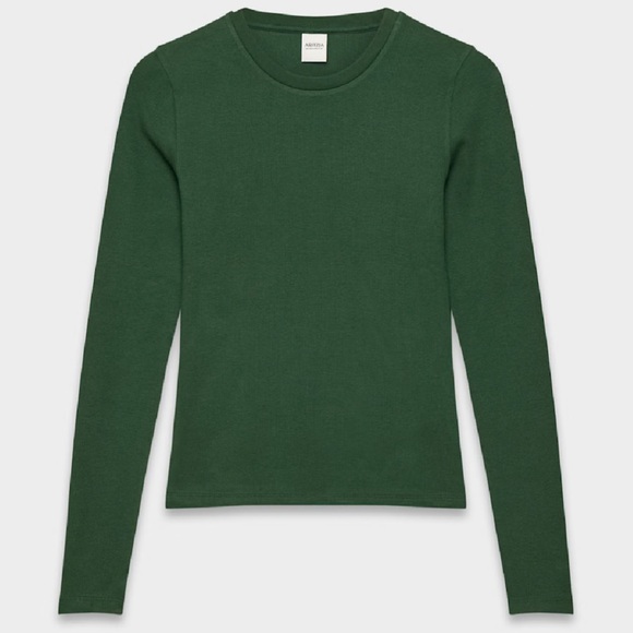 Aritzia TNA HomeStretch Ribbed Cotton Crewneck Long Sleeve Shirt Scarab Green - Picture 2 of 10